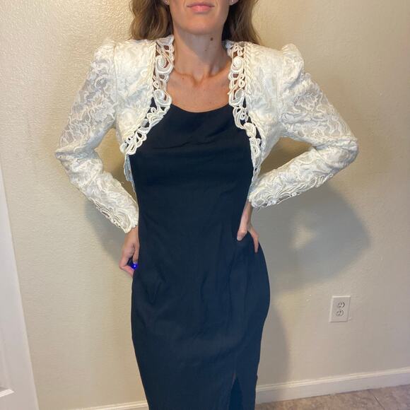 Vintage Scott McClintock Black & White Long Sleeve Lace Trim Gown Dress Size 10 - Picture 2 of 5